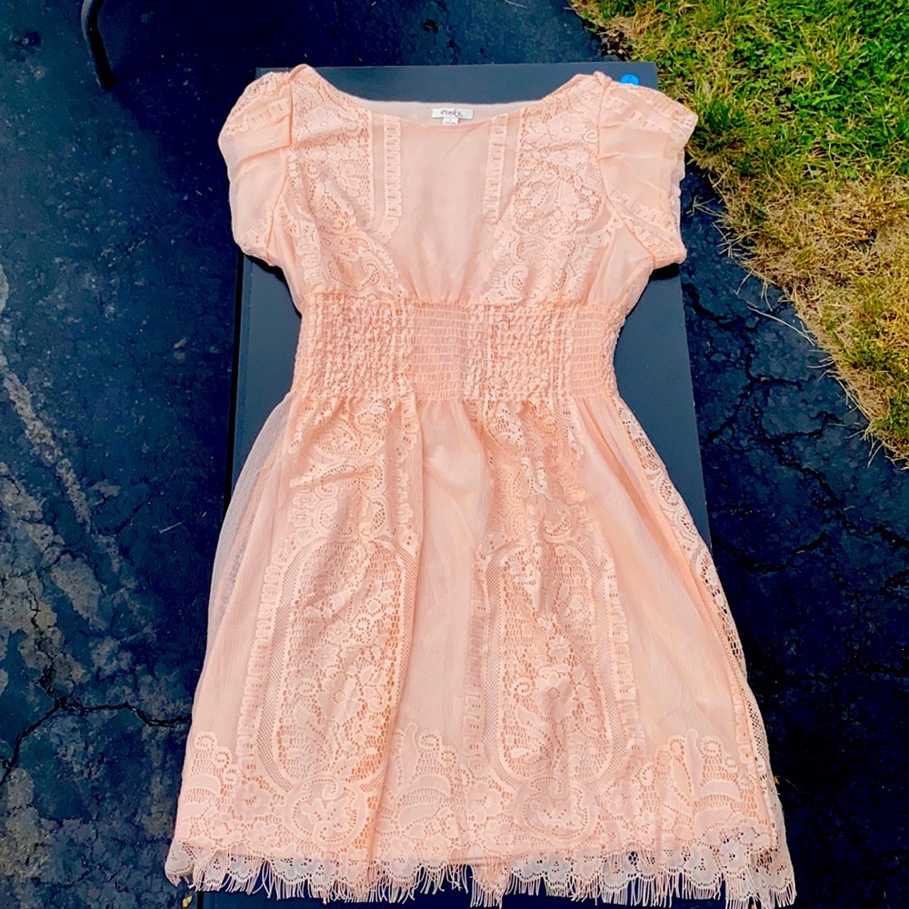 A large light pink, lace dress with short sleeves. True to size. Never been worn